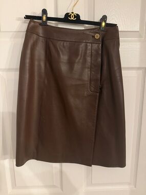 CHANEL Brown Leather Midi Wrap Skirt